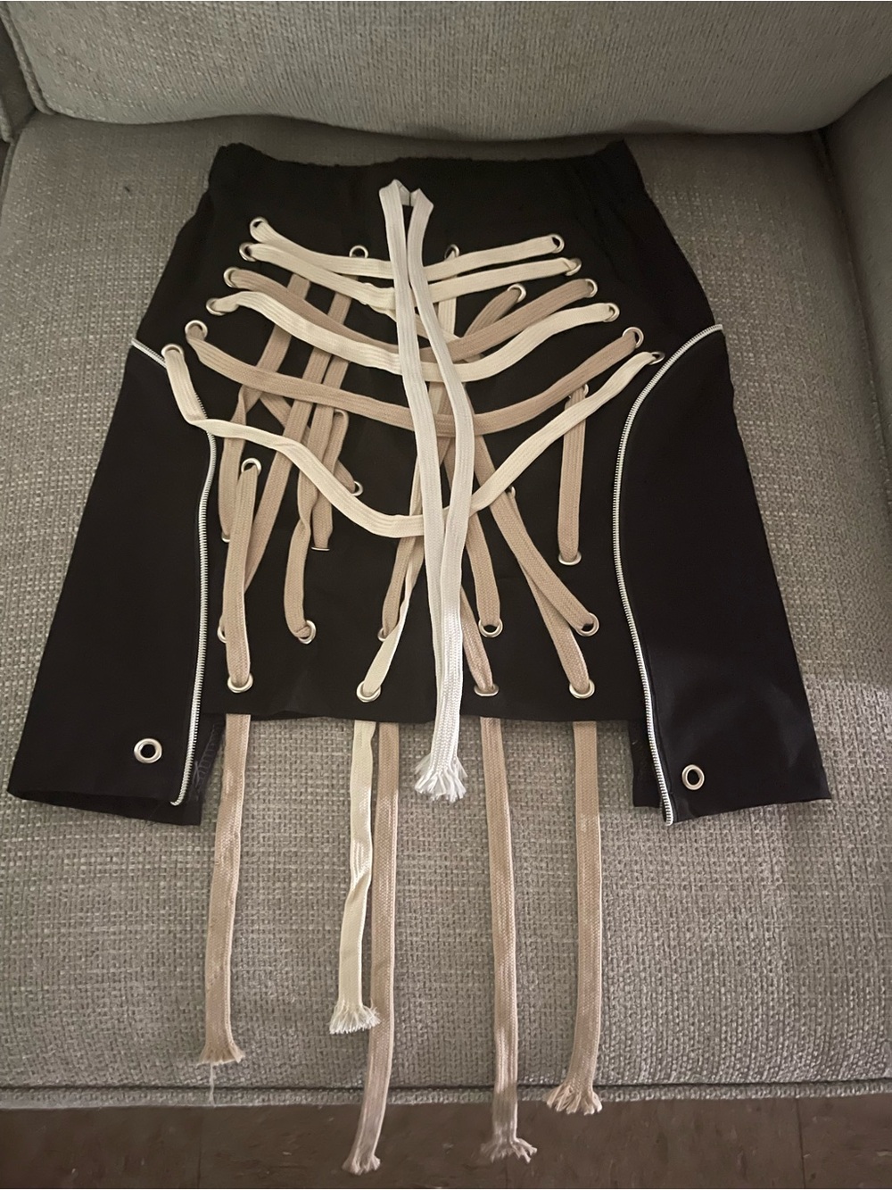 Black Mini Skirt with Beige & White Lace-Up Detail